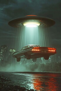 夜空中飞碟牵引汽车奇幻场景