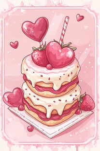 甜美草莓爱心蛋糕插画