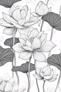 黑白荷花线描图案