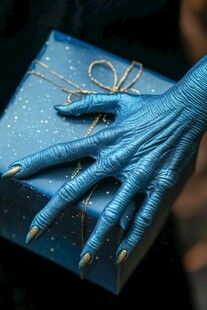 蓝肤怪手搭在蓝色礼品盒上