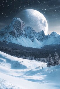 雪夜群山与巨大明月景观