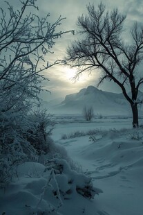 冬日雪境中的孤树与远山