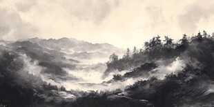 水墨山川间 云雾绕林景