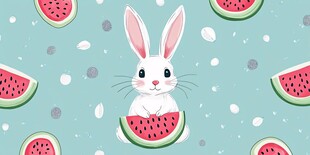 白兔抱西瓜的清新萌趣画面
