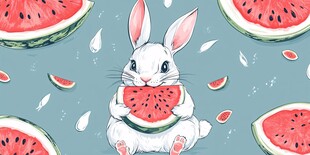 白兔抱食西瓜欢乐画面