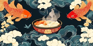 锦鲤相伴的暖心馄饨画面