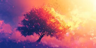 梦幻夕阳下的孤独之树