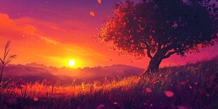 黄昏下的孤树与绚烂晚霞