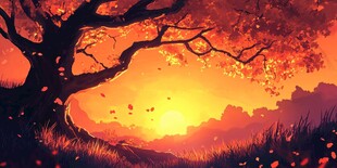 秋日黄昏下的唯美大树