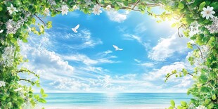 夏日海边繁花绿植美景