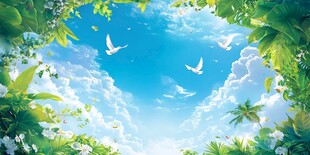 梦幻绿野蓝天飞鸟图景