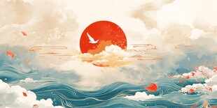 红日云海间飞鸟踏浪图