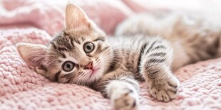 萌小猫惬意躺粉色毛毯上