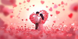 浪漫情侣置身爱心花海中