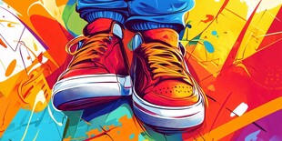 潮流红鞋炫彩背景插画