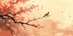 枝头红鸟伴繁花