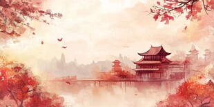 秋日古风景 红叶映楼阁