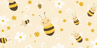 可爱蜜蜂与小花无缝图案