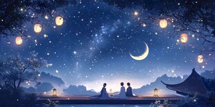 月下赏景的温馨三人时光