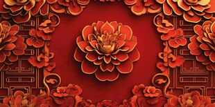 中式红牡丹雕花装饰图案