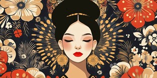 复古花卉环绕的优雅女子