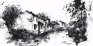 水墨江南水乡民居风景图