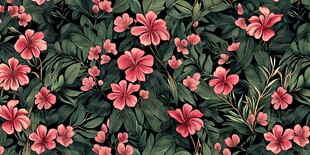 粉色花卉绿叶无缝图案