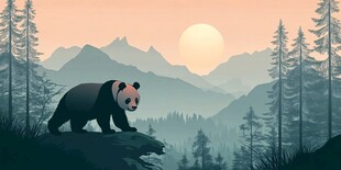 熊猫漫步山林间日出美景