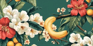 热带花卉与水果插画
