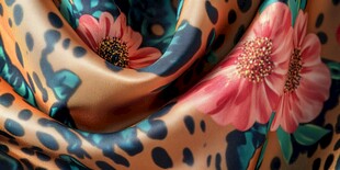 豹纹花卉丝绸布料特写