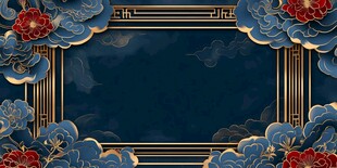 中式蓝金云纹花卉边框背景