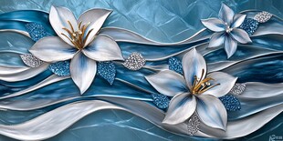 蓝色波浪中的精致百合花