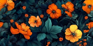 橙花绿叶构成的绚丽图案