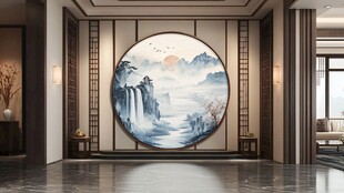 中式大厅圆形山水装饰画