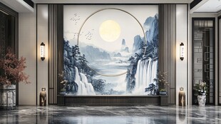 中式山水玄关壁画意境美