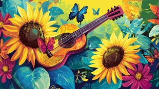 吉他与花卉的梦幻艺术世界