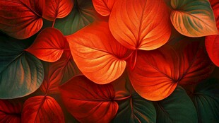 艳丽红绿叶脉植物图案