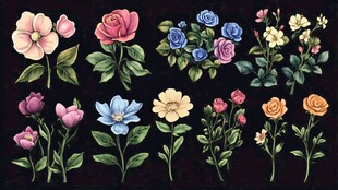 手绘多彩花卉图案集合