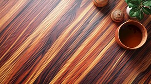 木纹桌面与雅致茶具摆件