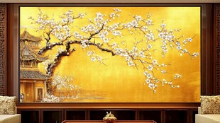 金色梅花古建筑中式壁画