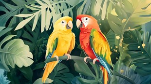 两只色彩斑斓鹦鹉栖于枝头