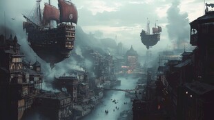 奇幻空中浮城与飞舟景观