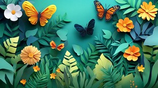 纸艺花园中的蝴蝶与花卉