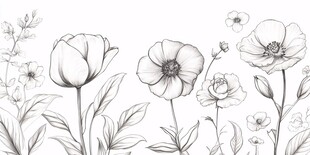 黑白花卉线条插画