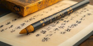 毛笔置于古籍书页之上