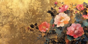 金色背景下的娇艳花卉