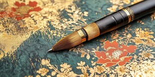 精致毛笔置于古风花纹上