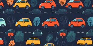 卡通风格汽车与树木图案