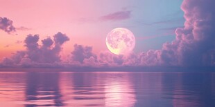 梦幻粉紫天空下的水中圆月