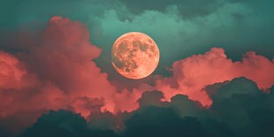 红云中的一轮满月